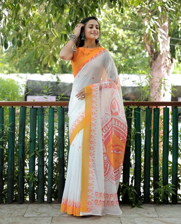 White_Colour_Linen_Saree_(With_Unstitched_Blouse_Piece)_(For_Women)