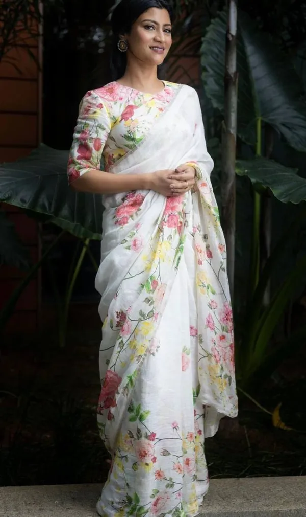 White_Colour_Linen_Saree_(With_Unstitched_Blouse_Piece)_(For_Women)