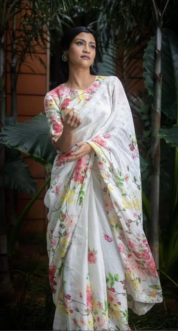 White_Colour_Linen_Saree_(With_Unstitched_Blouse_Piece)_(For_Women)