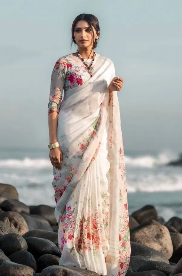 White_Colour_Linen_Saree_(With_Unstitched_Blouse_Piece)_(For_Women)
