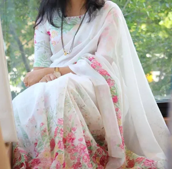 White_Colour_Linen_Saree_(With_Unstitched_Blouse_Piece)_(For_Women)