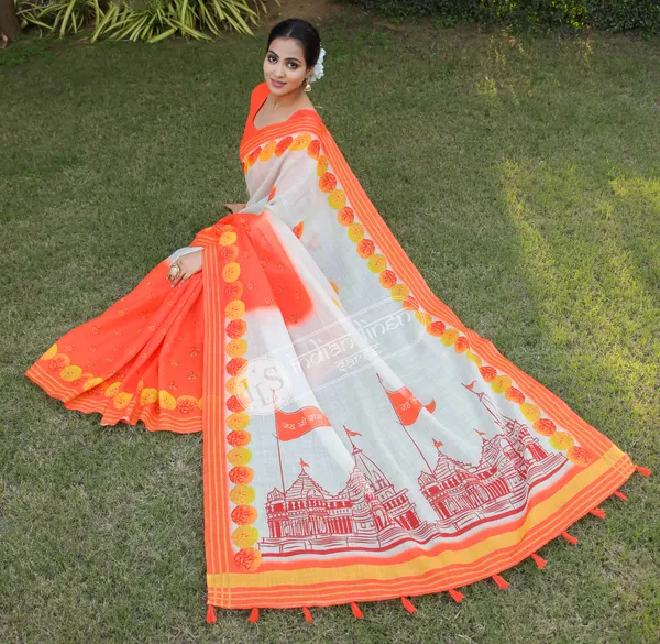 Adorning_Multi_Color_Ayodhya_Ram_Mandir_Printed_Linen_Cotton_Saree_with_Classy_Blouse_Piece