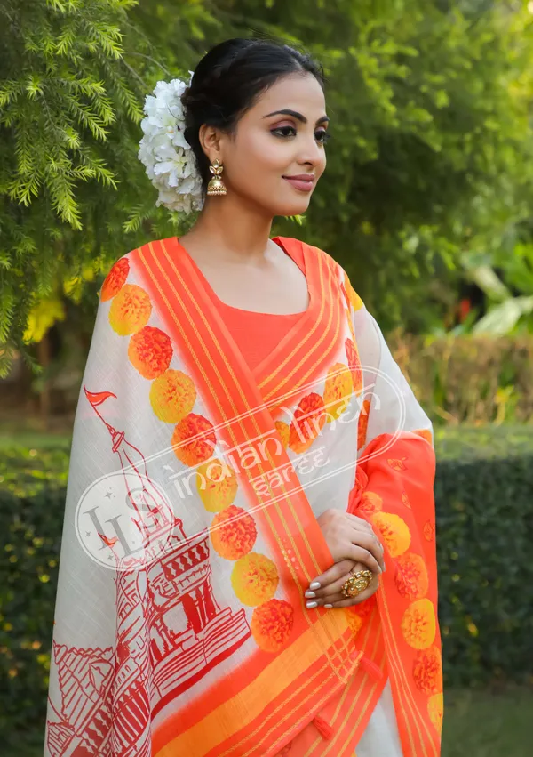 Adorning_Multi_Color_Ayodhya_Ram_Mandir_Printed_Linen_Cotton_Saree_with_Classy_Blouse_Piece