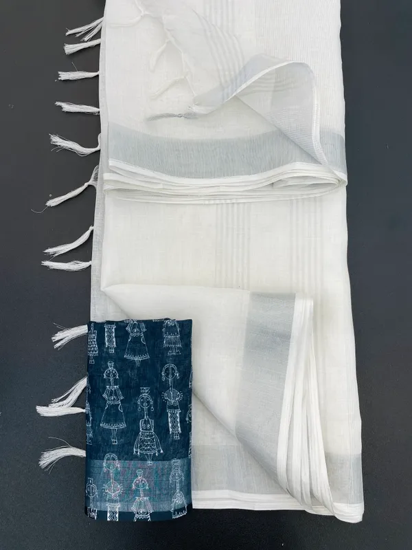 White_Colour_Linen_Saree_(With_Unstitched_Blouse_Piece)_(For_Women)