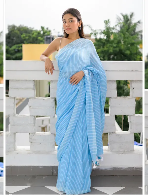 Handcrafted Sky Blue Linen saree with Silver zari border - Kihums handloom  - 3339702