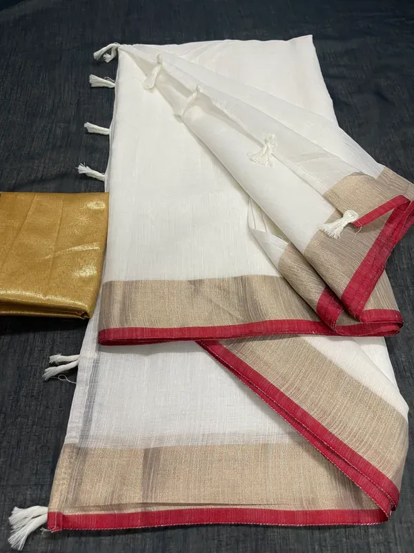 White_Colour_Linen_Durga_Puja_Saree_(With_Unstitched_Blouse_Piece)_(For_Women)