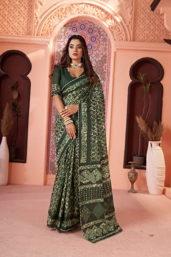 HANDICRAFT_MIRROR_WORK_WOMEN'S_Ikkat_PRINT_PURE_SOFT_COTTON_SAREE_WITH_BEAUTIFUL_BORDER_WORK_With_Blouse_Piece