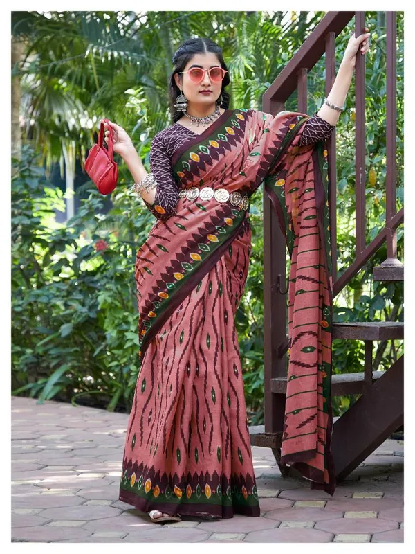 Ikkat_Hand_Block_Print_Print_Pure_Soft_Cotton_saree_With_Blouse_Piece