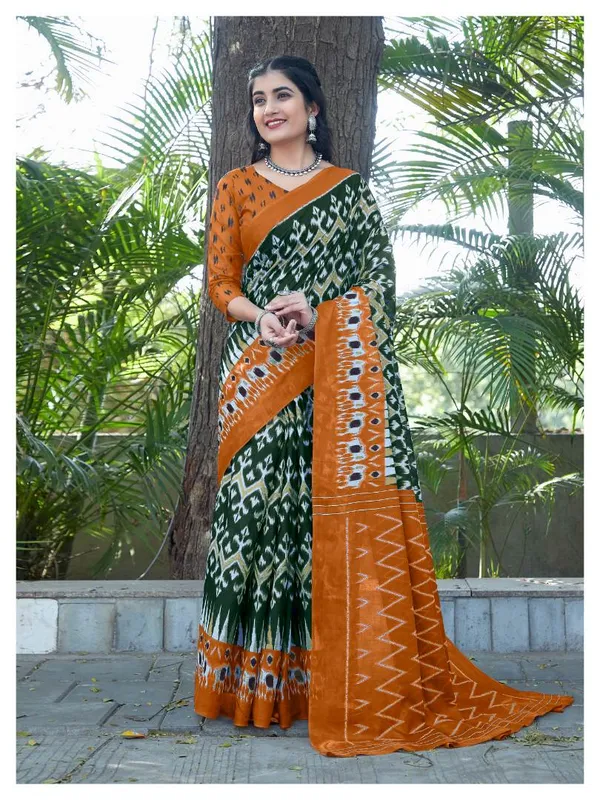 Ikkat_Hand_Block_Print_Print_Pure_Soft_Cotton_saree_With_Blouse_Piece