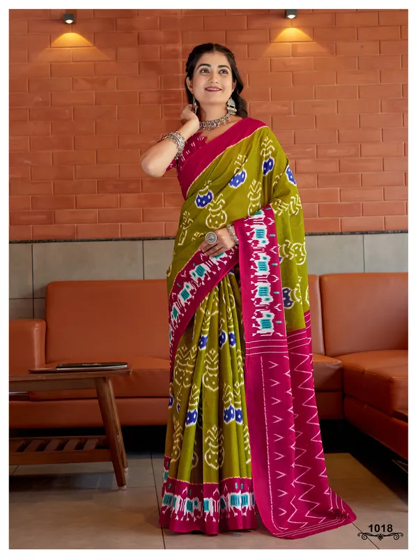 Ikkat_Hand_Block_Print_Print_Pure_Soft_Cotton_saree_With_Blouse_Piece