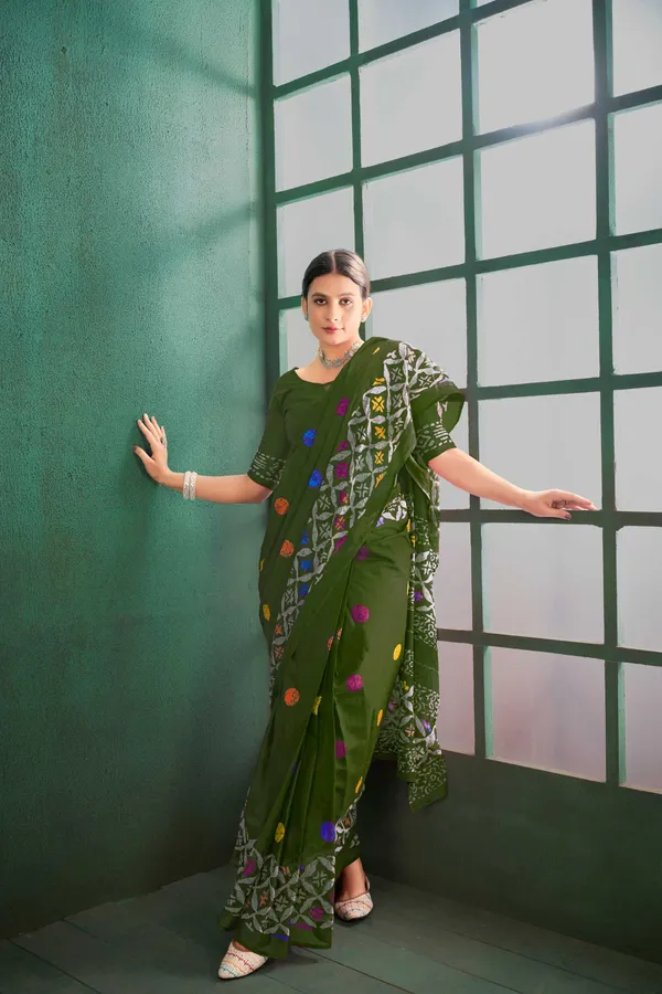 Ikkat_Print_Pure_Soft_Cotton_saree_With_Blouse_Piece