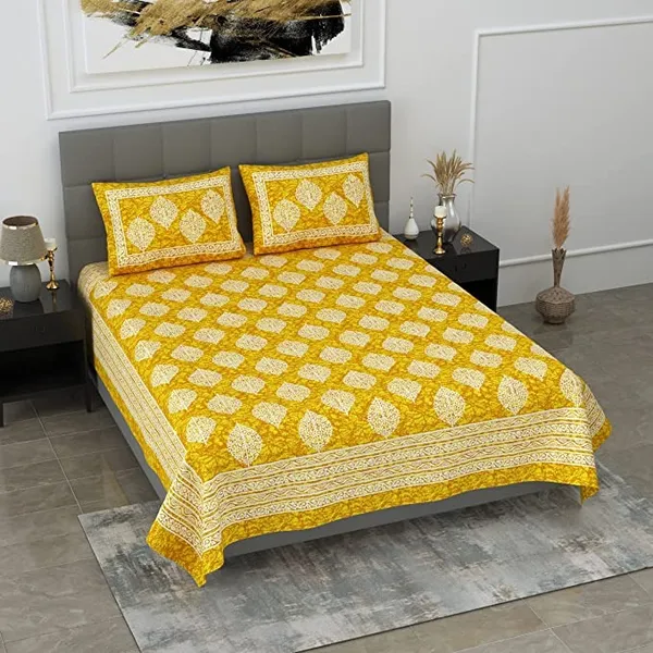 Jaipuri bedsheet Cotton Double Bedsheet with 2 Pillow Covers Yellow