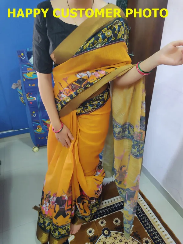 Yellow_Linen_Saree_with_Kalamkari_Print_and_Unstitched_Blouse_Piece