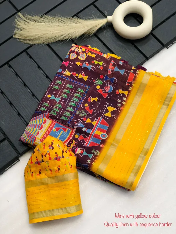 Wine_Color_Sequence_and_Zari_border_Premium_Linen_Saree