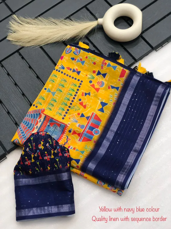 Yellow_Color__Sequence_and_Zari_border_Premium_Linen_Saree