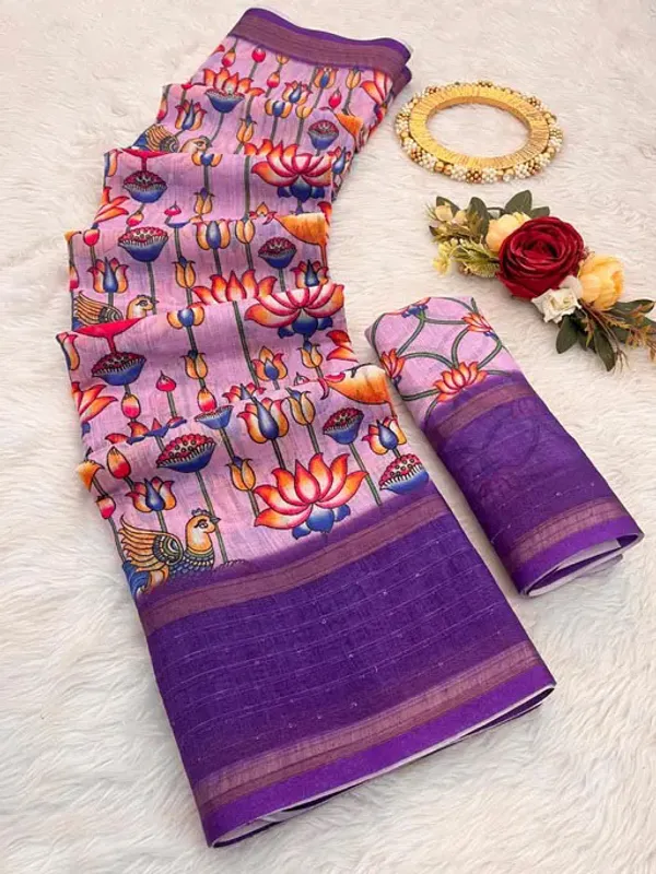 levender_Linen_Saree_with_Digital_Print_and_Unstitched_Blouse_Piece