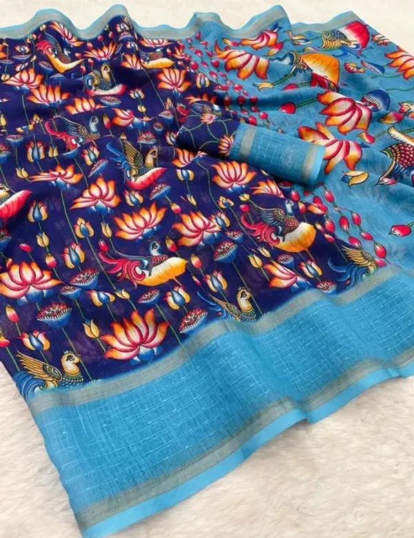 Navy_Linen_Saree_with_Digital_Print_and_Unstitched_Blouse_Piece