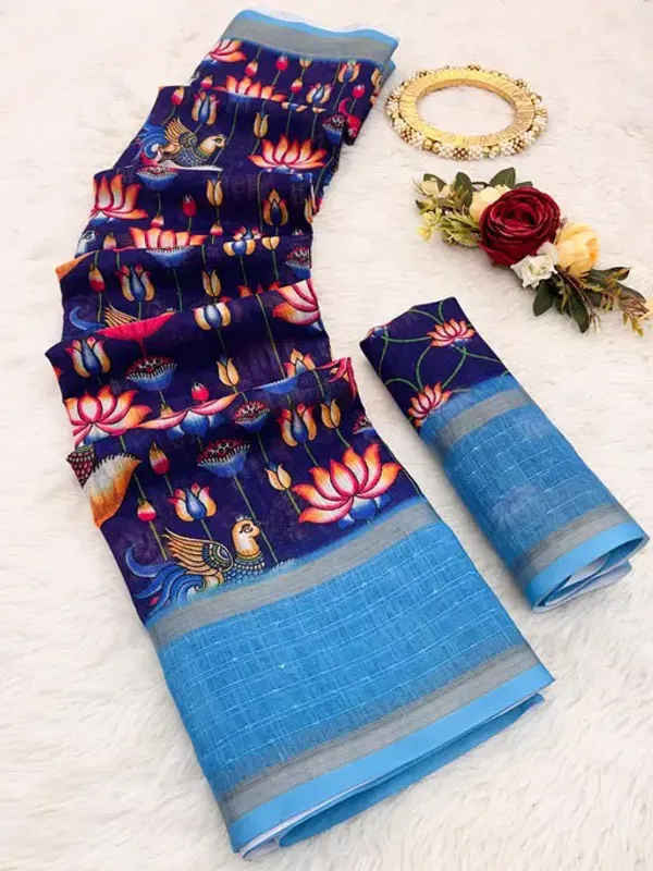 Navy_Linen_Saree_with_Digital_Print_and_Unstitched_Blouse_Piece