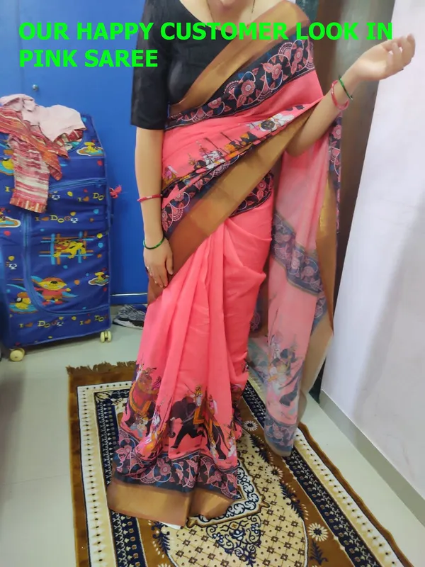 Pink_Linen_Saree_with_Kalamkari_Print_and_Unstitched_Blouse_Piece