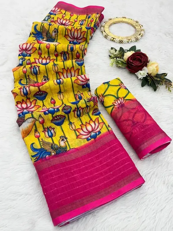 Yellow_Linen_Saree_with_Digital_Print_and_Unstitched_Blouse_Piece