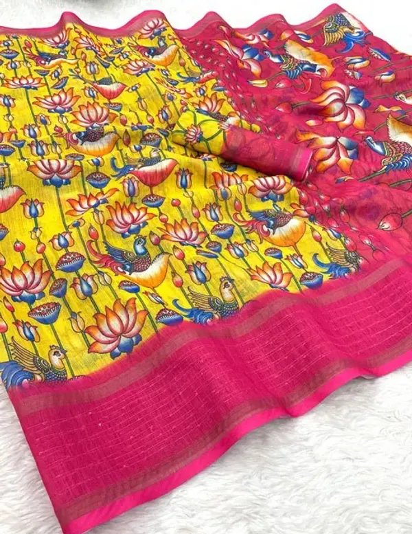 Yellow_Linen_Saree_with_Digital_Print_and_Unstitched_Blouse_Piece