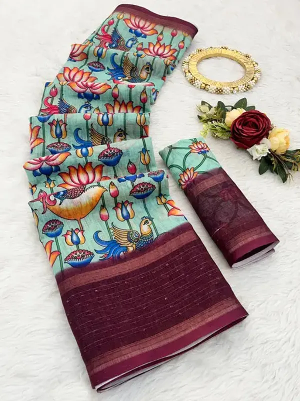 Pista_Linen_Saree_with_Digital_Print_and_Unstitched_Blouse_Piece