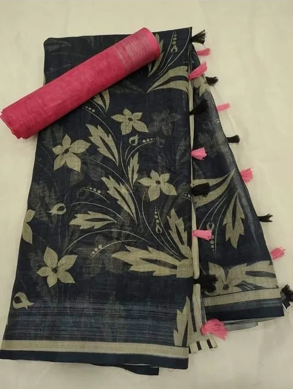 Black_Linen_Saree_with_Digital_Print_and_Unstitched_Blouse_Piece