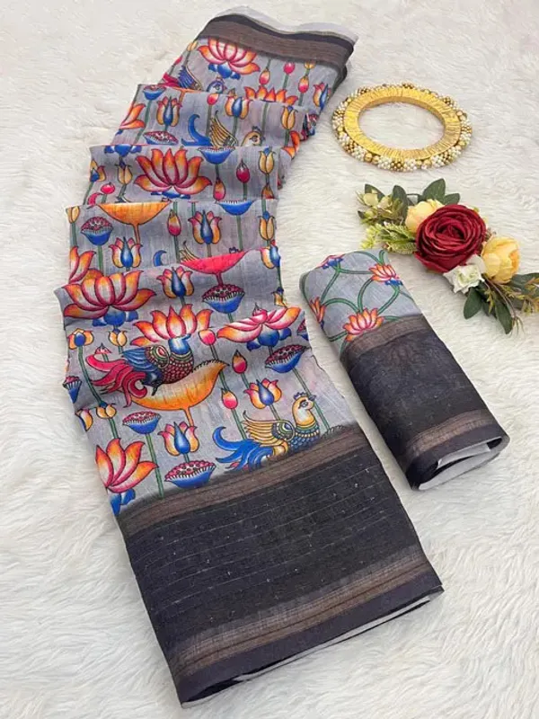 Grey_Linen_Saree_with_Digital_Print_and_Unstitched_Blouse_Piece