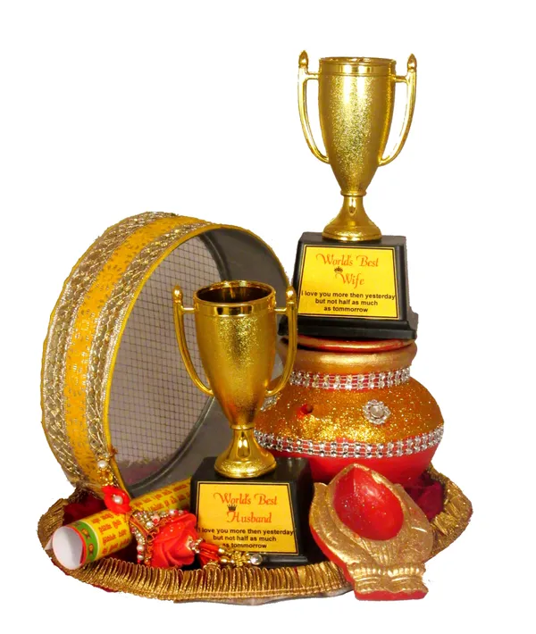 Golden_Karwa_Chauth_Pooja_Thali_Set_With_Trophy_For_Husband_|Karwachauth_Thali_Set_|Karwa_Chauth_Thali_Terracotta_(9_Pieces,_Multicolor)