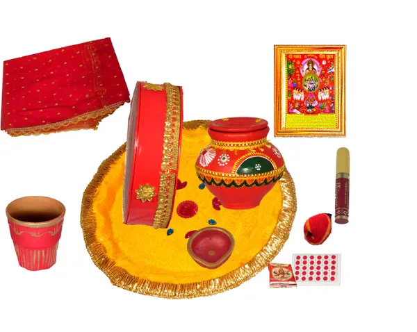 Photo_&_Frame_Karwa_Chauth_Thali_With_Full_Size_Chunni_,_Glass_And___For_Pooja_Terracotta_(11_Pieces,_Red,_Multicolor)