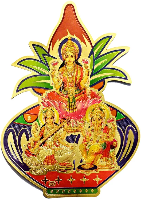 20.32_Cm_Laxmi_Ganesh_Saraswati_With_Kalash_Gold_Foil_Embossed_Sticker_Self_Adhesive_Sticker_(Pack_Of_1)