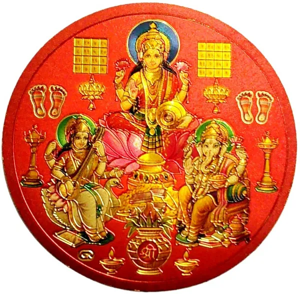 7.62_Cm_Gold_Foil_Embossed_Laxmi_Ganesh_Saraswati_Sticker_Self_Adhesive_Sticker_(Pack_Of_1)