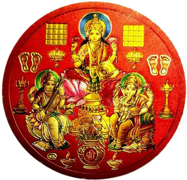 7.62_Cm_Gold_Foil_Embossed_Laxmi_Ganesh_Saraswati_Sticker_Self_Adhesive_Sticker_(Pack_Of_1)