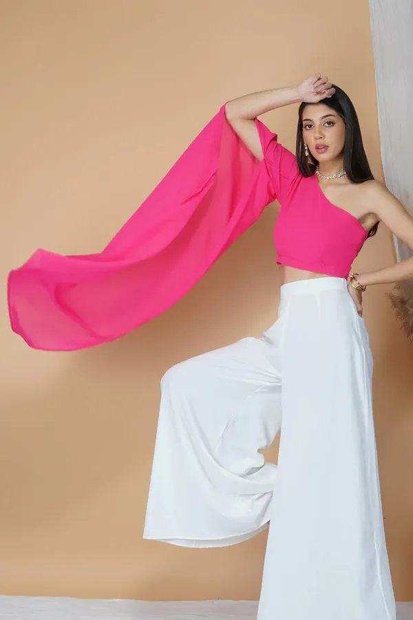One-Shoulder_Georgette_Neon_Pink_Crop_Top_And_Crepe_Pant_Set