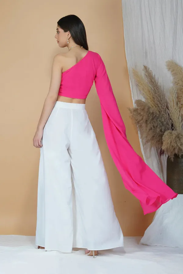 One-Shoulder_Georgette_Neon_Pink_Crop_Top_And_Crepe_Pant_Set