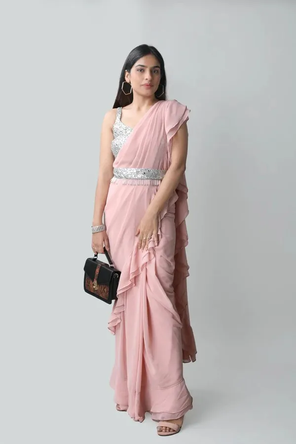 Peach_Frilly_Saree_With_Embellished_Blouse