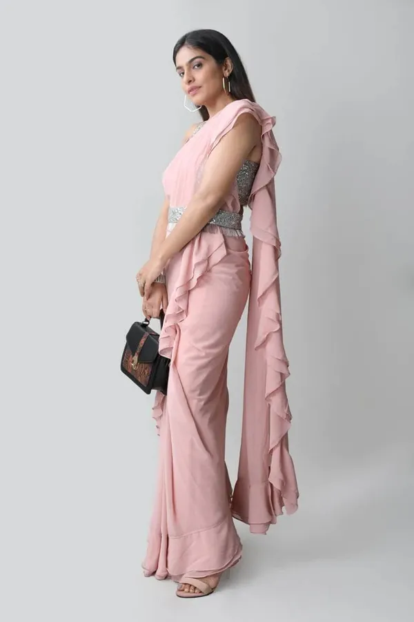Peach_Frilly_Saree_With_Embellished_Blouse