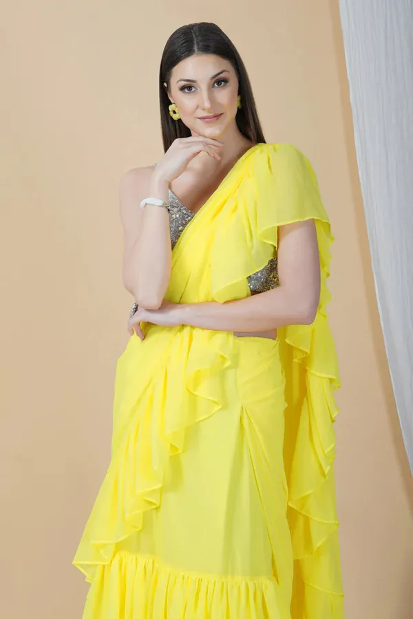 Ready_To_Wear_Yellow_Frill_Skirt_Style_Saree_With_An_Embellished_Blouse