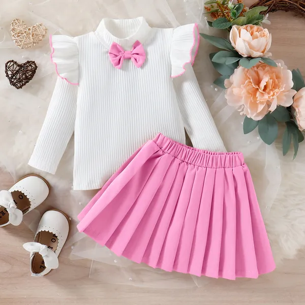 Girl's_Bowknot_Decor_Outfit_2pcs,_Ribbed__Top_&_Pleated_Skirt_Set,_Preppy_Style_Kid's_Clothes_For_Spring_Autumn