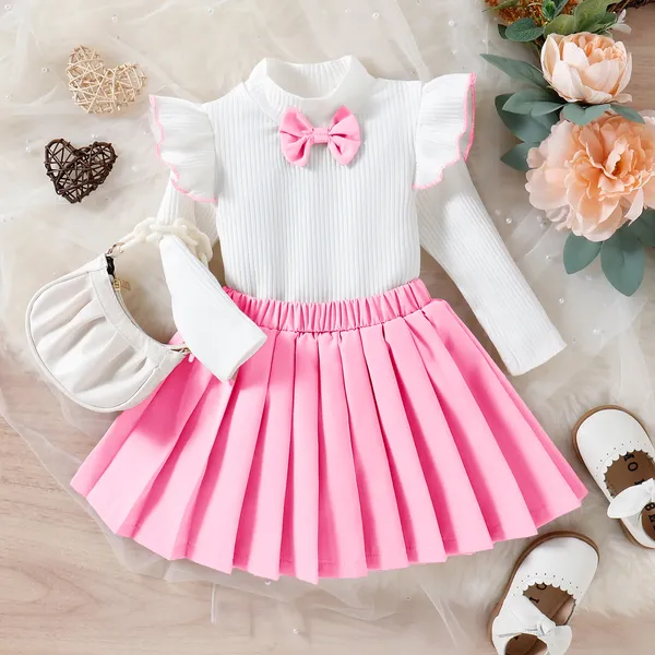 Girl's_Bowknot_Decor_Outfit_2pcs,_Ribbed__Top_&_Pleated_Skirt_Set,_Preppy_Style_Kid's_Clothes_For_Spring_Autumn
