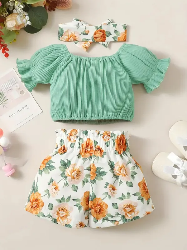 3pcs_Baby_Infan_Girl_Casual_Puff_Sleeve_Top_&_Floral_Shorts_&_Headband_Set_Clothes_Light_Green_Colour