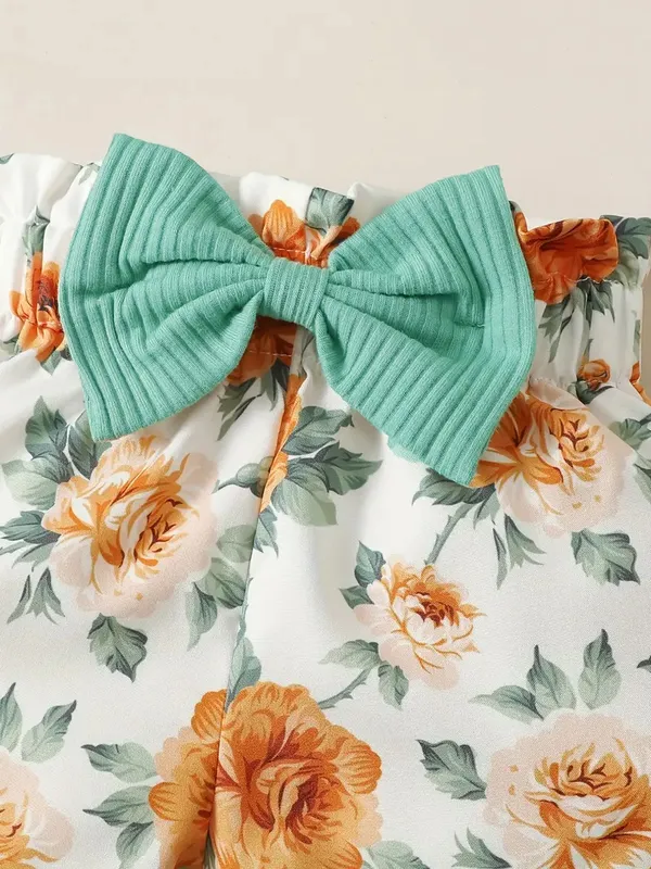 3pcs_Baby_Infan_Girl_Casual_Puff_Sleeve_Top_&_Floral_Shorts_&_Headband_Set_Clothes_Light_Green_Colour
