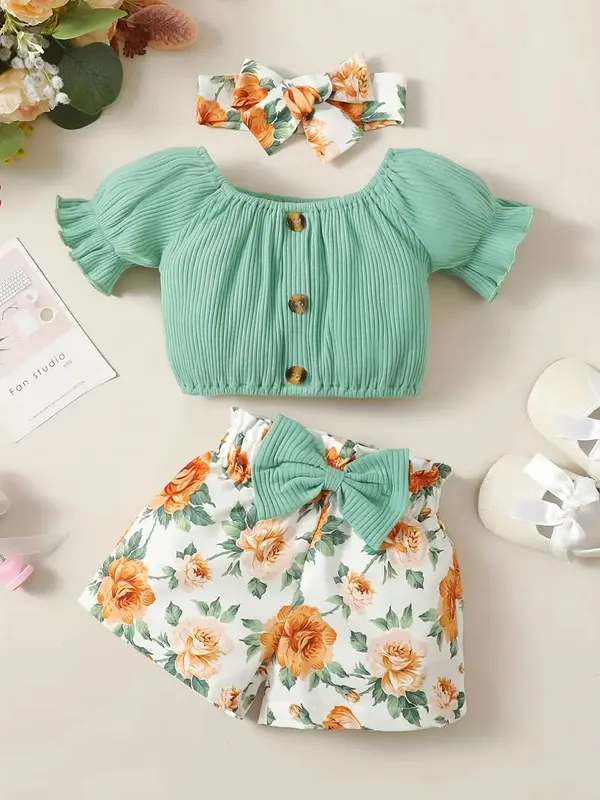 3pcs_Baby_Infan_Girl_Casual_Puff_Sleeve_Top_&_Floral_Shorts_&_Headband_Set_Clothes_Light_Green_Colour