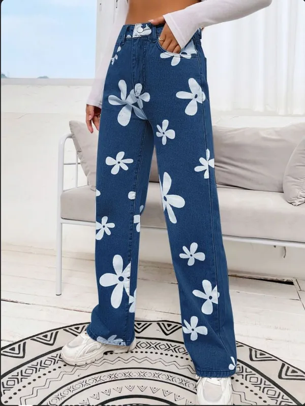High_Waisted_Flower_Printed_Unique_Stylish_Fabulous_Stone_Blue_Denim_Jeans_For_Women