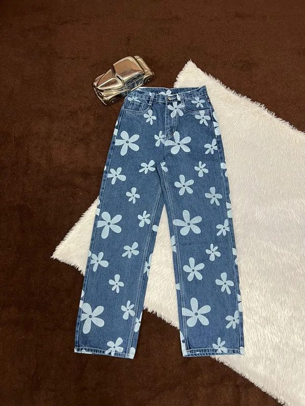 High_Waisted_Flower_Printed_Unique_Stylish_Fabulous_Stone_Blue_Denim_Jeans_For_Women