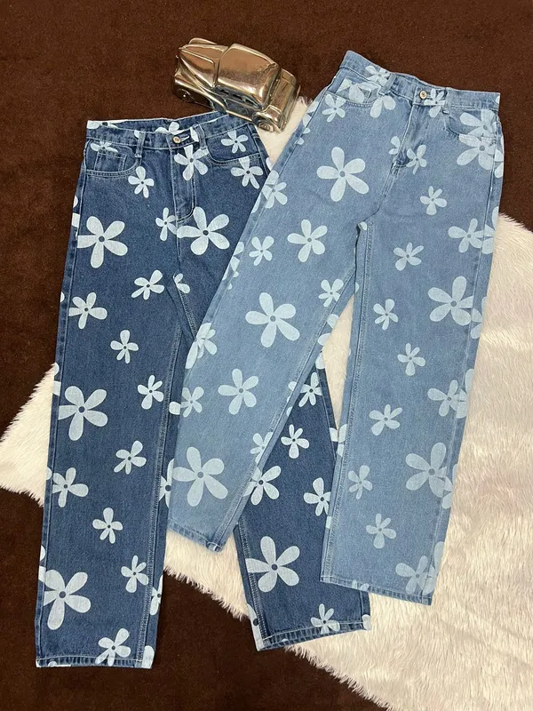 High_Waisted_Flower_Printed_Unique_Stylish_Fabulous_Stone_Blue_Denim_Jeans_For_Women