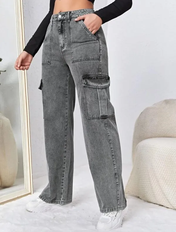 Washed__Effect_Western_Wear_Charcoal_Black_Cargo_Denim_Jeans