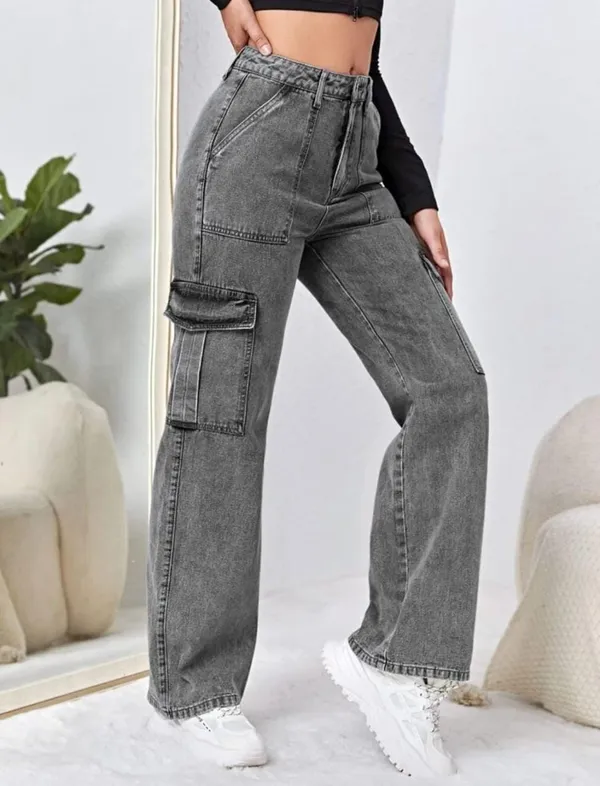 Washed__Effect_Western_Wear_Charcoal_Black_Cargo_Denim_Jeans