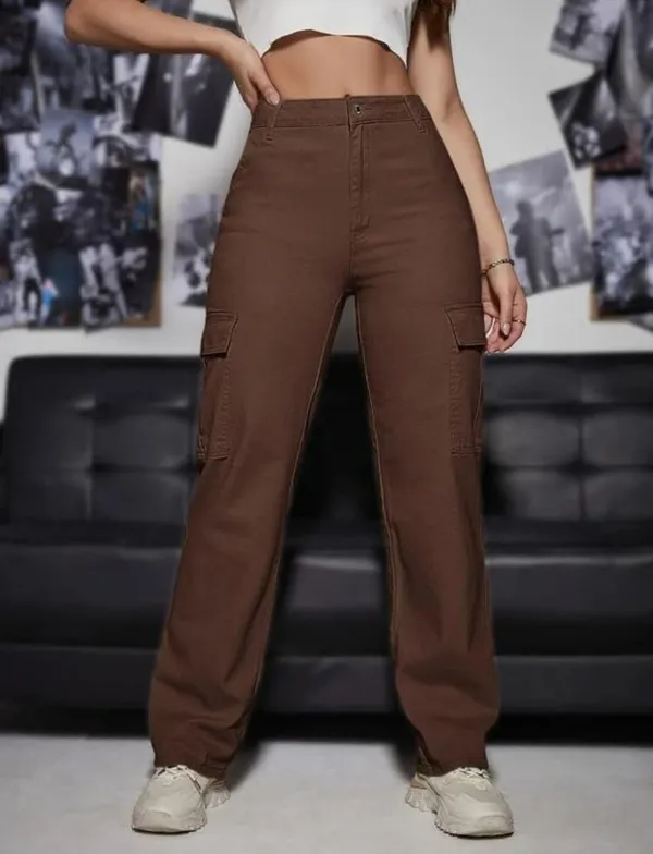 Solid_High_Rise_Brown_Cargo_Denim_Western_Wear_Jeans_For_Women