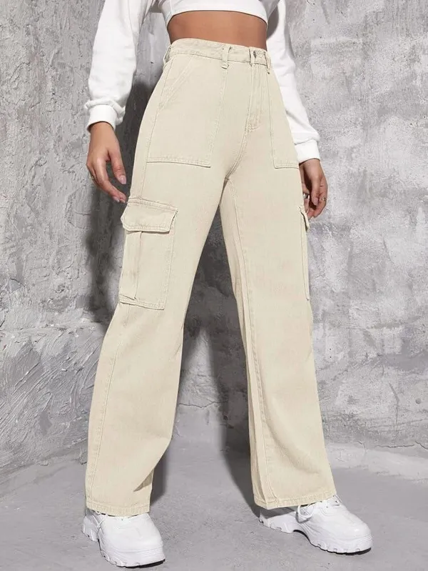 Fashioniga_Patch_Pocket_Cream_Cargo_Denim_Jeans